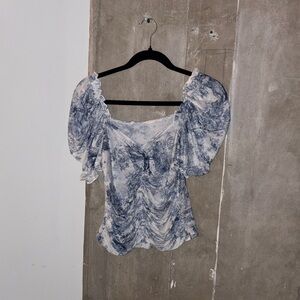 SHEIN Blue and White Puff Sleeve Blouse